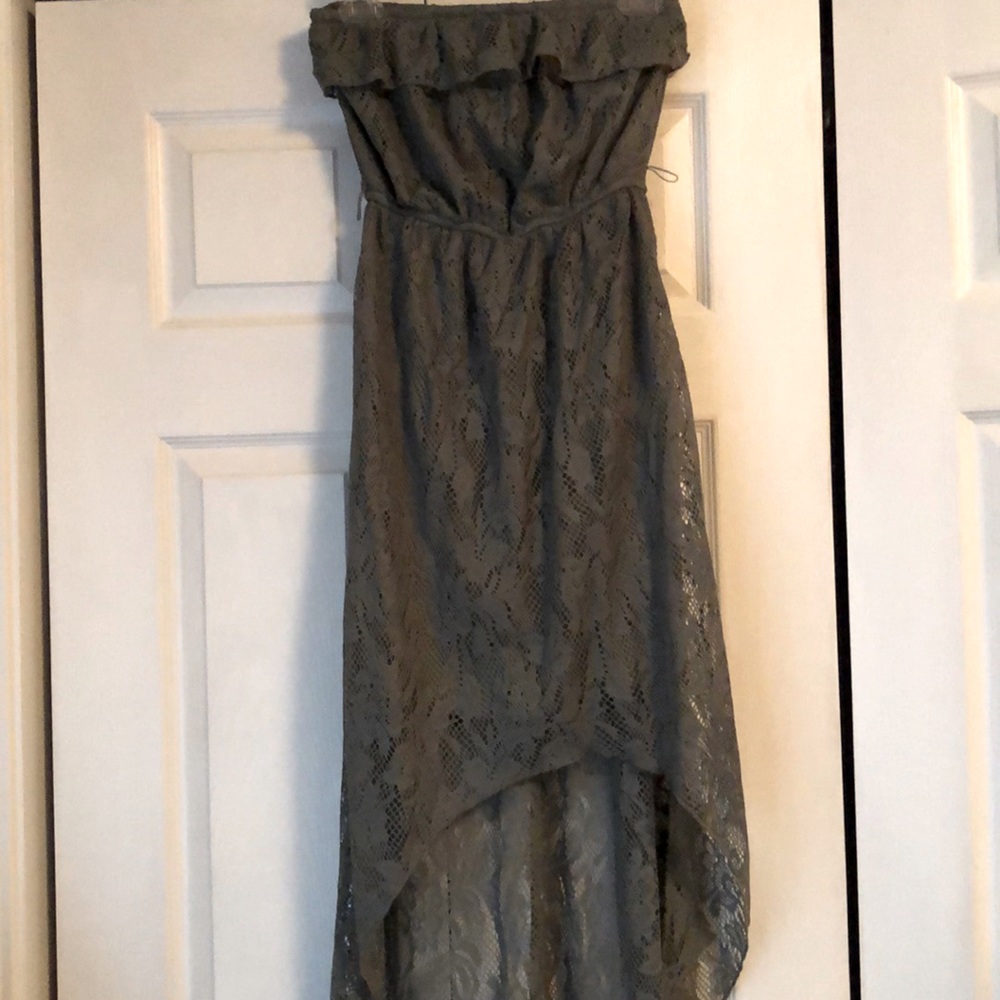 Strapless high low dress. Olive green